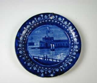 Antique Dark Blue Staffordshire Cup Plate Castle Garden Battery Ny Circa 1825