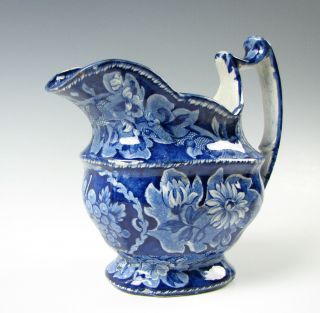 Antique Dark Blue Staffordshire Transferware Cream Pitcher Flower Design c.  1825 2
