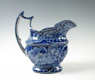 Antique Dark Blue Staffordshire Transferware Cream Pitcher Flower Design c.  1825 5