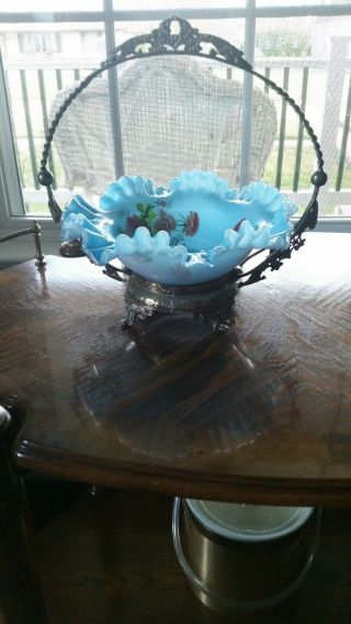Brides Basket Blue Glass Bowl Antique Victorian Wedding Candy Dish
