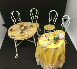 Dollhouse Miniatures Ice Cream Parlor Set With 2 Tables & 4 Chairs Plus