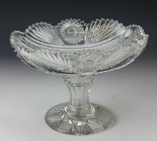 Antique American Brilliant Period Abp Cut Crystal Hobstar Fan Footed Compote Sms