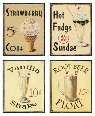 Vintage Old - Fashioned Ice Cream Shop Set; Four 11x14 " Paper Prints