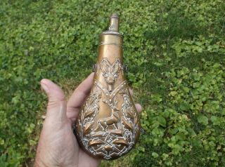 Antique Brass Copper Powder Flask Embossed Deer Scene Am Flask & Cap Co.  1800 
