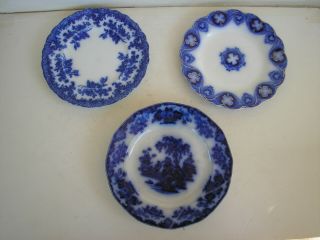 Antique Porcelain Flow Blue Colbalt Plates (set Of 3)