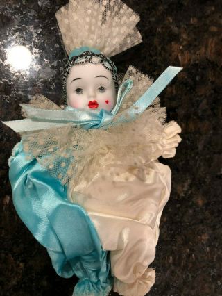 Vintage Pierrot Clown Porcelain Harlequin Doll 7 " Tall Blue White Satin Lace