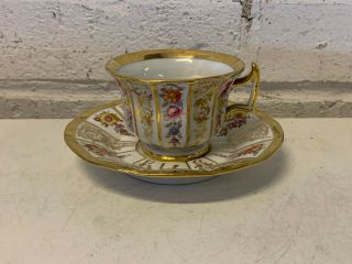Antique German Meissen Porcelain Cup & Saucer W/ Gold & Floral Decoration