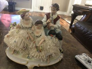 Antique Volkstedt Germany Dresden Lace Figurine Trio 10” X 9.  5”