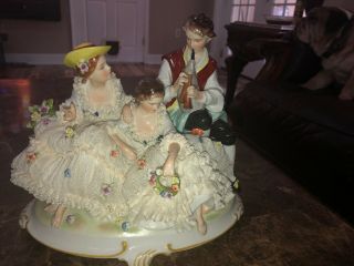 Antique Volkstedt Germany Dresden Lace Figurine Trio 10” X 9.  5” 2