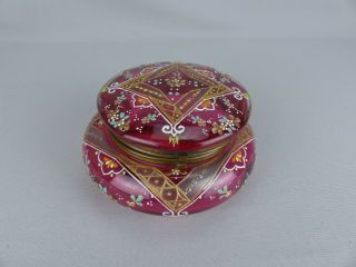Antique Moser Bohemian Cranberry Glass Enamel Trinket Vanity Dresser Powder Box