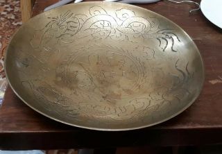 Antique Vintage Chinese Brass Etched Dragons Bowl Dish Plate 10 Inch China