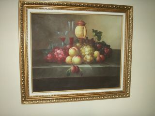 Old Vintage Oil Painting On Canvas Still Life Fruit By S Leroy Gold Frame Large