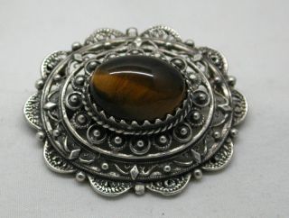 Vintage / Antique Ornate Silver And Tigers Eye Brooch / Pendant