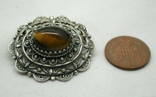 Vintage / Antique Ornate Silver And Tigers Eye Brooch / Pendant 3