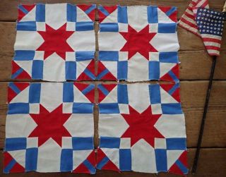 Fabulous Patriotic Americana 4 Vintage Red White Blue Star Quilt Blocks