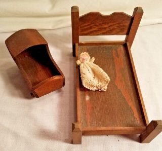 Childs Bed & Cradle With Baby Doll Vintage Wood Doll House Furniture 1:12