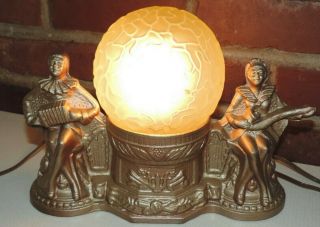 Rare Antique Cast Metal Musicians Playing Table Lamp With Round Glass Shade