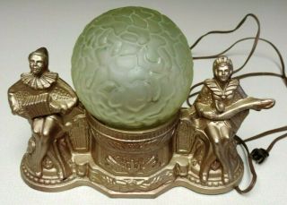 RARE ANTIQUE CAST METAL MUSICIANS PLAYING TABLE LAMP WITH ROUND GLASS SHADE 2