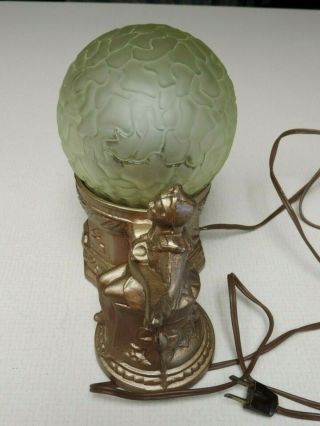 RARE ANTIQUE CAST METAL MUSICIANS PLAYING TABLE LAMP WITH ROUND GLASS SHADE 3
