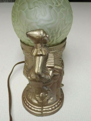 RARE ANTIQUE CAST METAL MUSICIANS PLAYING TABLE LAMP WITH ROUND GLASS SHADE 5