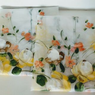 Vintage Hand Painted Floral Sheer Kitchen Curtains Japan 2 Panels 36 " H X 35 " W
