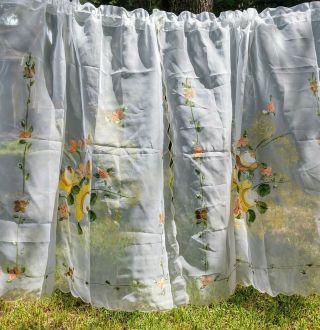 Vintage Hand Painted Floral Sheer Kitchen Curtains Japan 2 Panels 36 