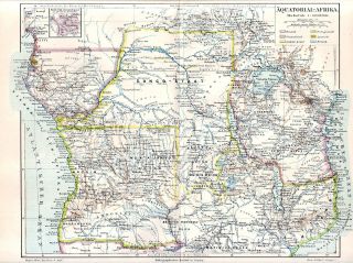 1890 Equatorial Africa Congo Gabon Uganda Kenya Somalia Antique Map