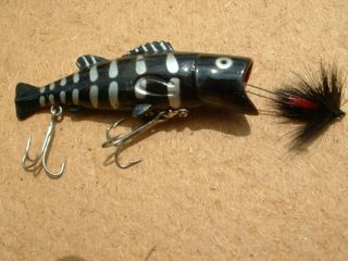 Vintage Buckeye Bug - Bass Lure 3/1/2 Long - 4/1/2 With Fly,  Black With White Lines
