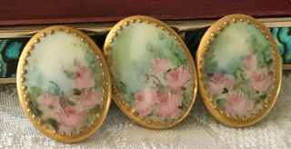 3 - Antique Victorian Hand Painted Oval Porcelain Buttons Pink Roses