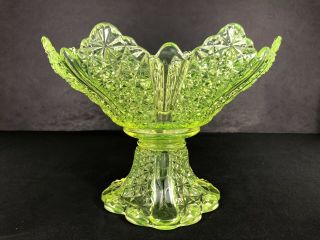 Antique Large Vaseline Glass Adams Compote Bowl Daisy Button Uranium Glass 7 1/2