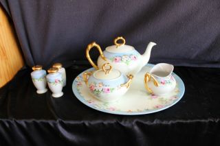 Antique T&v Limoges France Teapot,  Creamer,  Sugar Bowl,  Tray Handpainted,  Flowers