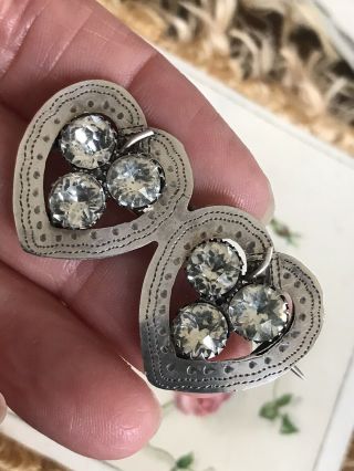Antique Victorian 1898 Sterling Silver Diamond Paste Twin Heart Brooch /pin