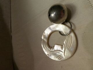 Antique Baby Rattle Sterling Silver Mother Of Pearl With Ball And Bell