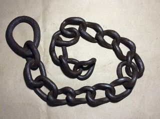 Antique Primitive 24 " Hand Forged Iron Chain W Ring,  Rusty Farm Barn Primitive