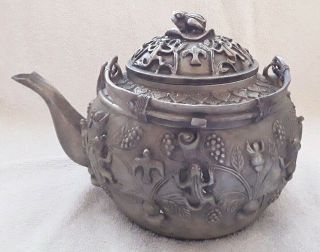 Vintage Chinese Pewter Teapot With Lid Raised Frog Phoenix Marked On Bottom