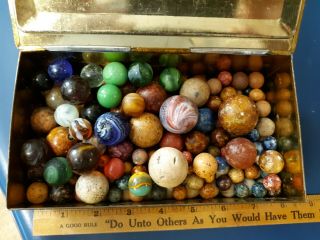 Estate Find Apx 220 Antique Marbles 90 Clay In 100 Year Old Chocolate Tin Litho