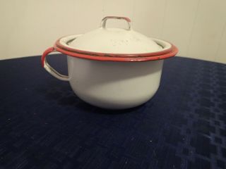 Vintage Childs Chamber Pot Red White Enamelware Handle Enamel With Lid