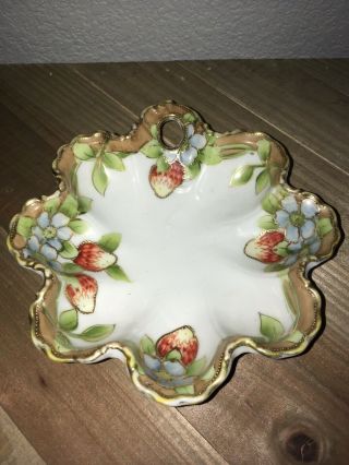 Antique Hand Painted Nippon Japan Strawberry Scalloped Candy Bowl Trinket Dish