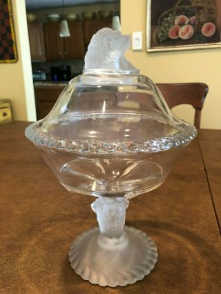 Antique Gillinder Clear Glass Frosted Lion Head Covered Compote -