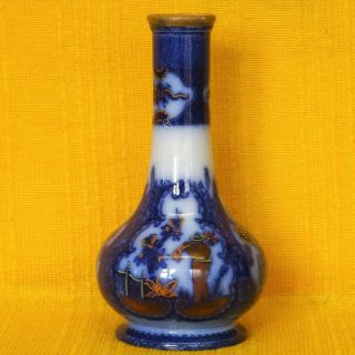 Antique Mid - 19thc English Flow Blue Polychrome Painted Bottle Vase - 2