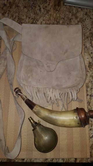 Vintage Antique Powder Horn Flask Black Powder Muzzle Loading Suede Bag