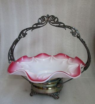 Antique Glass Brides Basket Bowl On Silver Plate Stand W A Rogers Signed W A R