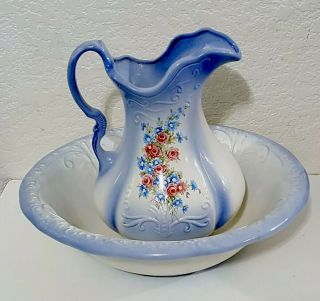 Pitcher & Bowl Wash Basin Ironstone Blue And White Floral 1898