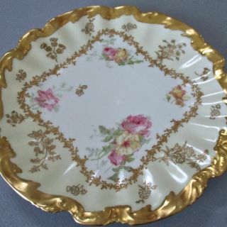 Antique Limoges Porcelain Cabinet Plate Pink Roses Lush Gilt Encrusted Garland