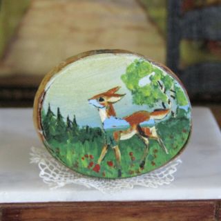 Vintage 60s 70s Miniature Painting Deer Animal Dollhouse Artisan Artist Handmade