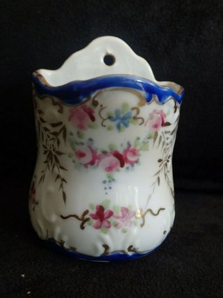 Antique Porcelain Small Floral Wall Pocket Planter Hand Painted