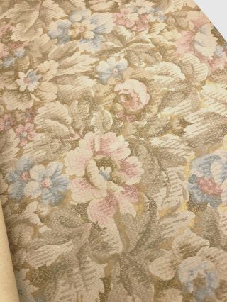 Vintage C1920 Arts Crafts Floral Tapestry Metallic Gold Wallpaper Roll