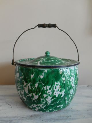 Antique Green Swirl Enamelware Graniteware Pot With Lid & Wood Handle Primitive