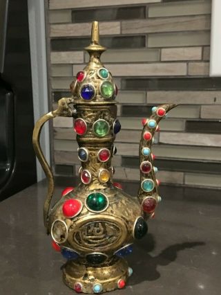 Antique Arabic Coffee Pot Dallah Islamic Copper Brass Handmade Jeweled Gem Stone