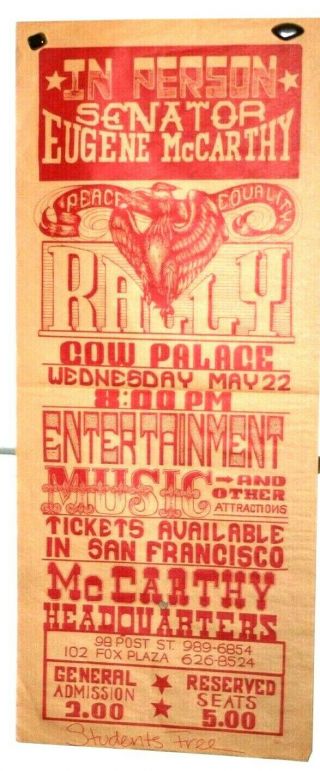 1968 Mccarthy Psychedelic Campaign Poster,  Cow Palace,  San Francisco - 29.  75 " X 12.  5 "